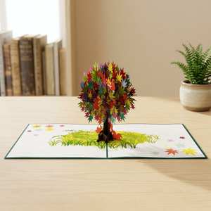 Carte de décoration d'intérieur en papier découpé 3D pop-up, motif arbre avec écureuils et feuilles d'érable colorées d'automne - Product Image 2