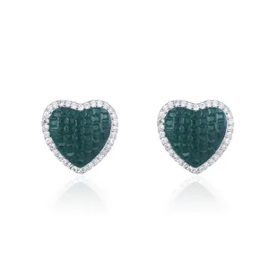 Green Opal Doublet Stud Earring Diamond Designer Jewelry Plating Silver Glass And CZ Stone Heart earrings