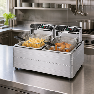 Friteuse électrique professionnelle 220V à double cuve 5KW en acier inoxydable, machine à frire de comptoir avec double thermostat pour les restaurants de restauration rapide - Product Image 1