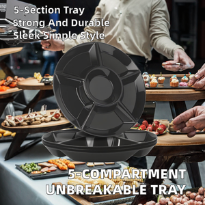 5 Compartments Unbreakable Divided <strong>Disposable</strong> Party Fruit <strong>Platters</strong> Black Plastic Serving Tray Stackable - Product Image 3