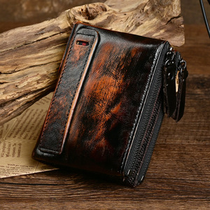 Ando Bag Vintage Genuine Leather Short <b>Wallet</b> <b>Men</b> Cowhide Bifold <b>Card</b> Holder with Zipper Coin Pocket - Product Image 1