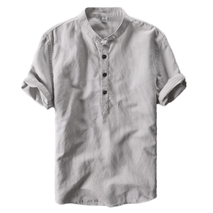 Pull décontracté pour homme en coton simple, col montant, simple boutonnage, respirant, anti-froissement, manches courtes, style jeune et pratique - Product Image 1