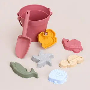 Portable Modern Baby Kids Travel Silicone Beach Set Sand Bucket Shovel 6 Sand Molds Silicone Beach Toys Sand Toys para Toddlers