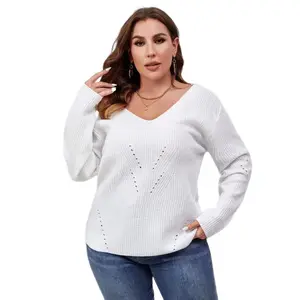 Custom V Neck Pullover Knitted Sweater Plus Pointelle Knit Drop Shoulder Sweater