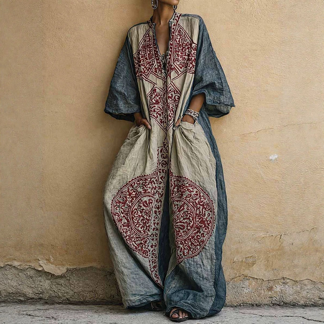 Y4775 Women's Plus Size Printed Boho Wide Leg Jumpsuit