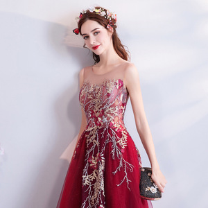 Elegant Burgundy Red A-Line Evening Dress With Floral Embroidery Scoop Neck Empire Waistline For Formal Events - Product Image 2
