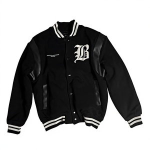 Veste varsity noire pour homme avec broderie blanche B, manches en cuir, col rabattu, vêtement décontracté pour l'automne - Product Image 1