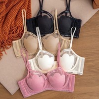 Set Lingerie Bikini Tanpa Kawat Berbentuk Hati Seksi, Bahan Lace Mesh Bernapas untuk Wanita, Bra dan Celana Dalam dengan Cetakan Huruf, Grosir