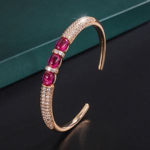 Fashion Jewelry Eco-friendly <b>Copper</b> Statement 6*8mm Red Corundum Zircon Gold Plated Cuff <b>Bangle</b> Women for Daily Wear - Product Image 4