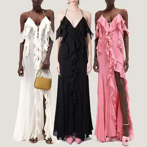 New 2023 V-neck Halter Chic Ruffle Ballet Core Style Silk Chiffon Solid Sexy Slit Women Summer Custom Casual Maxi Long Dress