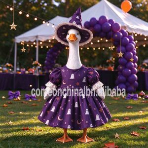 Porch Goose Costume Purple Ghost Moon Star Printed Dress with Lace Trim <b>Witch</b> <b>Hat</b> Holiday Yard Patio Garden Decoration Outfit - Product Image 2