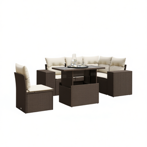 Conjunto de sofá de jardín de ratán marrón con estructura de acero con recubrimiento en polvo y mesa de vidrio templado para uso en exteriores. - Product Image 1