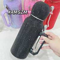 1300ml Bling Strass Thermos En Acier Inoxydable Double Paroi Isolé Mate Thé Flacons À Vide Bouteille D'eau Avec Cuillère