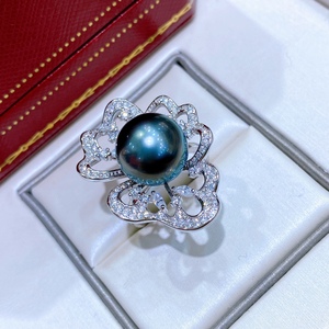 Bague élégante et luxueuse en argent pur avec perle naturelle ronde vert paon de 11 à 12 mm, presque sans défaut, cadeau parfait - Product Image 1