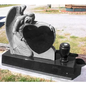 Black Granite Designed Grave Monuments Weeping Angel Double Heart Shaped Headstones With Wings Tombstone