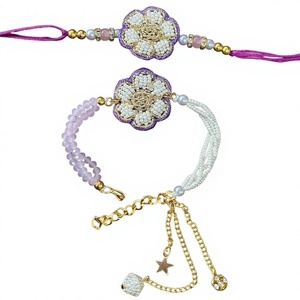 Flower Beaded rakhi Bracelet <b>Set</b> With Pearl Imitation <b>Gold</b> Plated Chain Charm handmade rakhi Jewelry Gift festival rakhi - Product Image 1