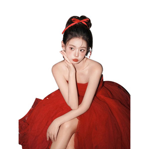 Red Strapless Ball Gown Cocktail Dress With Ruffles Natural Waistline For Wedding Banquet Photography Studio - Product Image 5