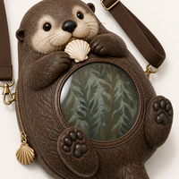 Sac à bandoulière personnalisé en forme de castor, style Ita Bag, motif animal marin Kawaii, avec fenêtre ronde transparente en PVC et breloque coquillage, pour la plage et la côte