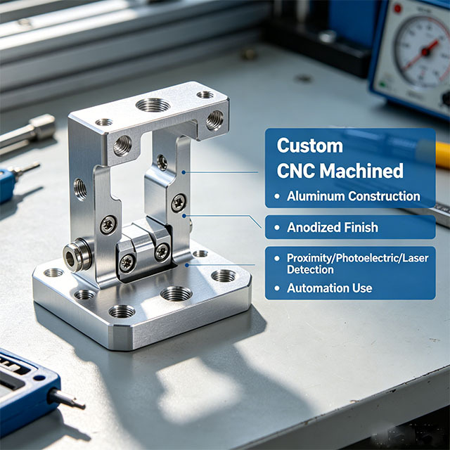 Custom CNC Machined Aluminum Industrial Sensor Mount Bracket for Proximity Photoelectric Laser Detection Automation Anodized Use