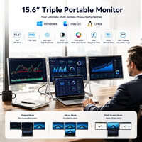 Monitor Triple de 15.6 Pulgadas, 1080P FHD IPS, Aleación de Aluminio, Pantalla Portátil, Contraste de 1000:1, para Uso Empresarial con Laptop, Windows/Mac