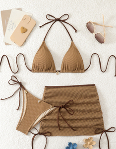 Conjunto de Bikini Sexy de 3 Piezas de Color Sólido para Mujer, Traje de Baño de Cintura Baja con Braguitas Triangulares, Traje de Baño para Playa y Vacaciones - Product Image 2
