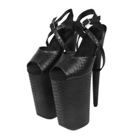 Sandales à plateforme en PVC léger à motif serpent, talon de 10 pouces, bout ouvert, avec longues lanières à nouer et boucle, pour l'été et les soirées en boîte de nuit