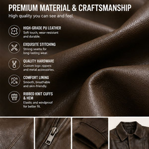 Full Zip up Turn Down Neck Vintage Casual <strong>Long</strong> Sleeve Oversized Baggy Brown <strong>Leather</strong> <strong>Jacket</strong> Boxy Bomber Pu <strong>Leather</strong> <strong>Jacket</strong> - Product Image 3