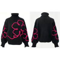 Suéter de punto de cuello alto para mujer con diseño floral 3D de moda, bordado de cuerda rosa neón, jersey de cuello alto, prendas de punto personalizadas