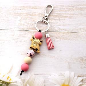 Gantungan kunci sapi Highland Retro barat untuk hadiah pesta koboi gantungan kunci hewan dengan rumbai manik-manik silikon gantungan kunci tas pesona - Product Image 5