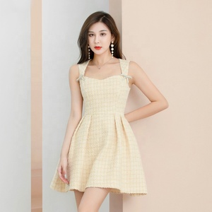Ultime Signore di Modo di Colore Giallo Chiaro <span class=keywords><strong>Tweed</strong></span> del <span class=keywords><strong>Vestito</strong></span> Elegante Da Sera Vestiti Da Partito - Product Image 3