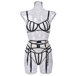 Lencería erótica de 3 piezas con ligas, sujetador elegante de media copa y tangas, ropa interior Sexy transparente para mujer desnuda - Product Image 5