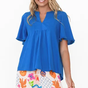 OEM Women Casual summer V Neck Ruffle Short Sleeve Loose Women Dressy Chiffon Female vintage Tops And Blouses