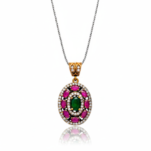 Oxidized Emerald Ruby Zircon Stone Oval Shape Authentic <b>Silver</b> Pendant Turkish Wholesale 925 <b>Silver</b> Jewelry - Product Image 2