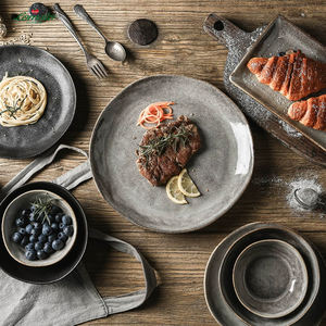 Service de vaisselle rustique en grès naturel, fait main, émaillé au four, assiettes et bols en céramique, logo personnalisé pour restaurant, maison et traiteur - Product Image 6