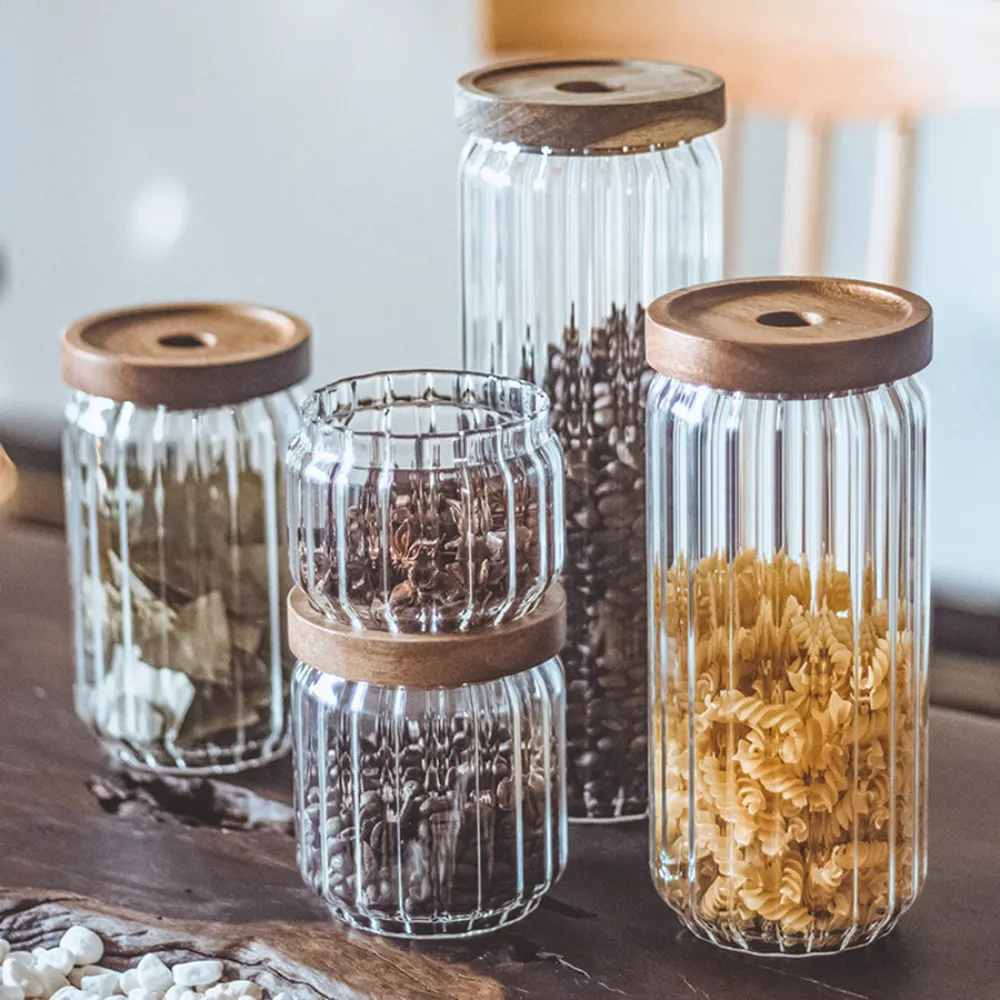 Organizzatore di cibo da cucina in vetro borosilicato alto bottiglie di vetro con fondo rotondo barattolo di vetro con coperchio in legno