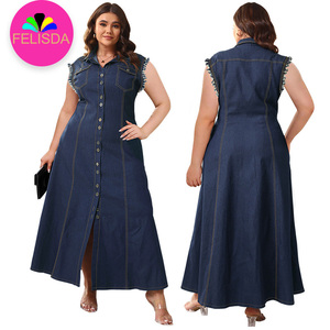 5XL cộng với kích thước phụ nữ denim dài ăn mặc mùa xuân mùa hè không tay ripped thời trang Xếp Li bên phụ nữ của quần áo giản dị denim Dresses - Product Image 1