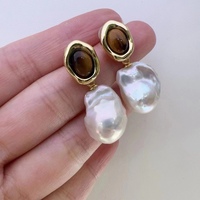 Boucles d'oreilles pendantes Melard Style, exquises, rétro, luxueuses, plaquées or, argent 925, avec pierre œil de tigre, perle d'eau douce baroque Edison
