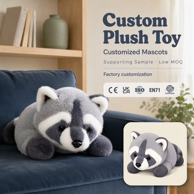 Custom ODM Soft Plush Raccoon 10cm Tall Anime and Cartoon Character Durable Long Plush with PP Cotton Filling Mascot Toy