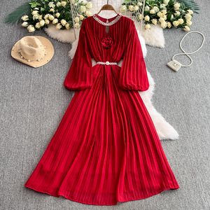 Robes d'été <span class=keywords><strong>élégante</strong></span>s pour femmes manches lanterne mode tempérament taille jupe longue plissée rétro grande balançoire robe à col rond - Product Image 3