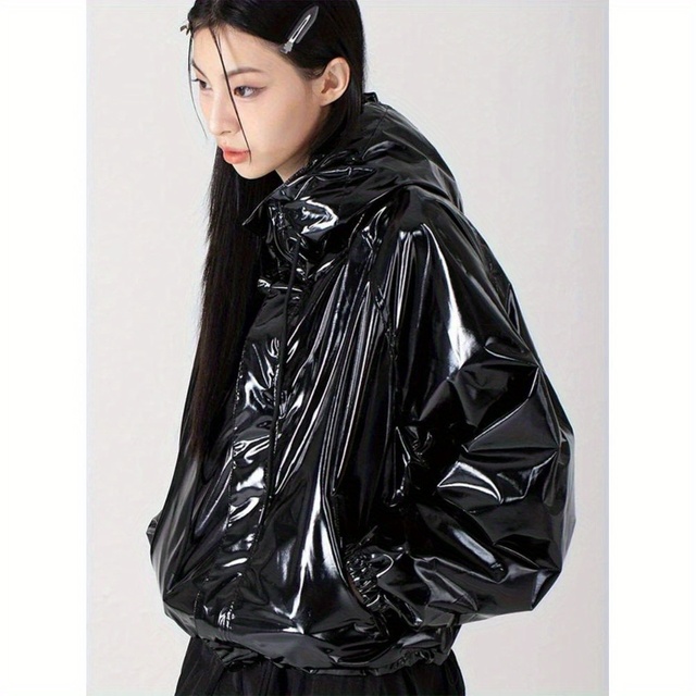 Shiny Patent Leather Flight Jacket Coat Women Gothic Faux Leather Hooded Overcoat Pocket Long Sleeve PVC Raincoat New Custom