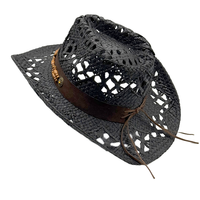 Chapeau de cowboy noir imitation paille en gros |   Chapeaux de festival Panama personnalisés en cuir ajouré et perles de bois, protection solaire pour adultes