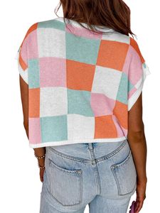 Suéter a cuadros de punto con cuello redondo de manga corta recortado informal de verano para mujer - Product Image 3