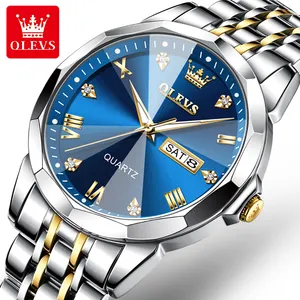 OLEVS jam tangan pria, mewah populer mode bisnis olahraga Stainless Steel tahan air kalender ganda jam tangan berlian kuarsa 9931