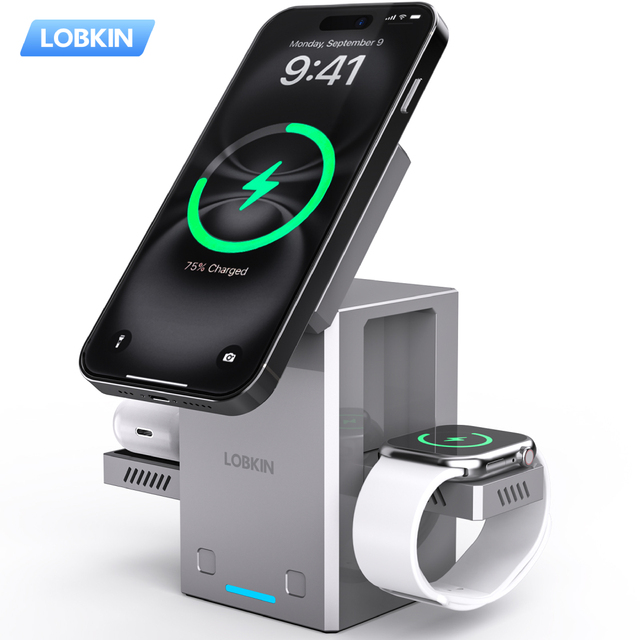 LOBKIN Magnetic Wireless Charging Station 3-in-1 Type-C Charger Stand for Mobile Phones Smart Watches Earphone