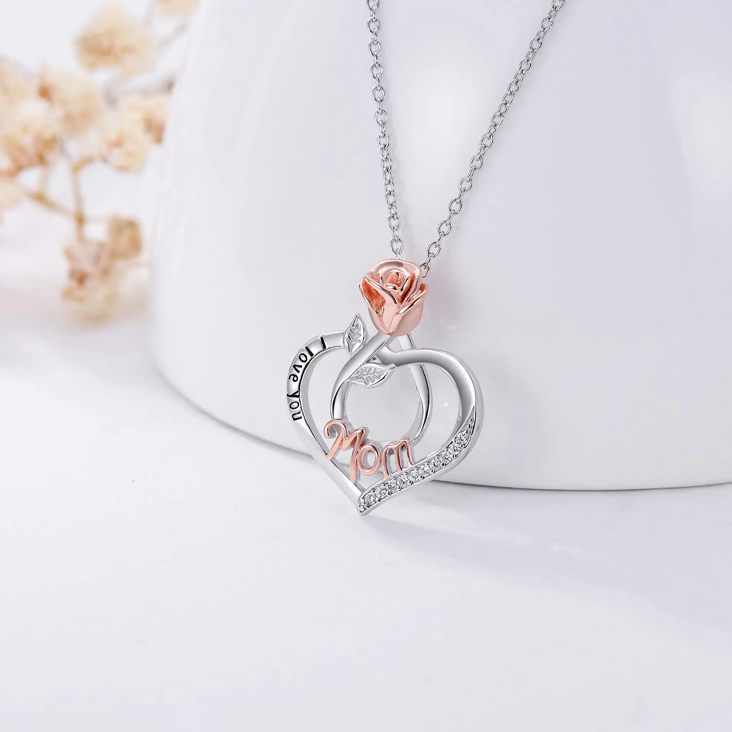 Hoyon Fine S925 Silver Jewelry Necklace Heart-Shaped Sterling Silver Rose Pendant Flower Necklace Heart Mom Necklace