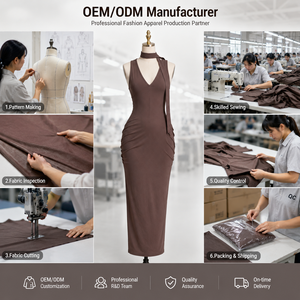 Robe longue moulante marron moka personnalisée pour <span class=keywords><strong>femme</strong></span>, sans manches, col en V, tricotée froncée, pour soirée cocktail, avec logo personnalisé, vêtements pour <span class=keywords><strong>femme</strong></span> - Product Image 6