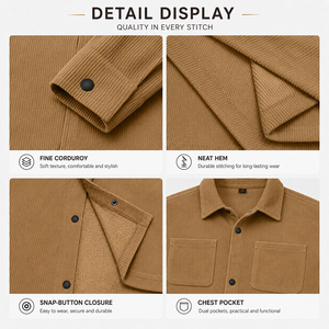 <b>Men</b> Corduroy Shirt <b>Jacket</b> <b>Long</b> Sleeve Snap Button Casual Shacket Lightweight Lapel Overshirt with Dual Chest Pockets for Fall - Product Image 6
