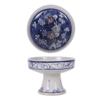 RXGM05-ABCDE Assiette et tasse à pied en céramique, bleu et blanc, avec motif floral rouge sous glaçure