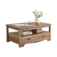 Table basse en bois de style farmhouse chic pour la maison, avec tiroirs de rangement, espace d'exposition ouvert, poignées métalliques, base incurvée, marron