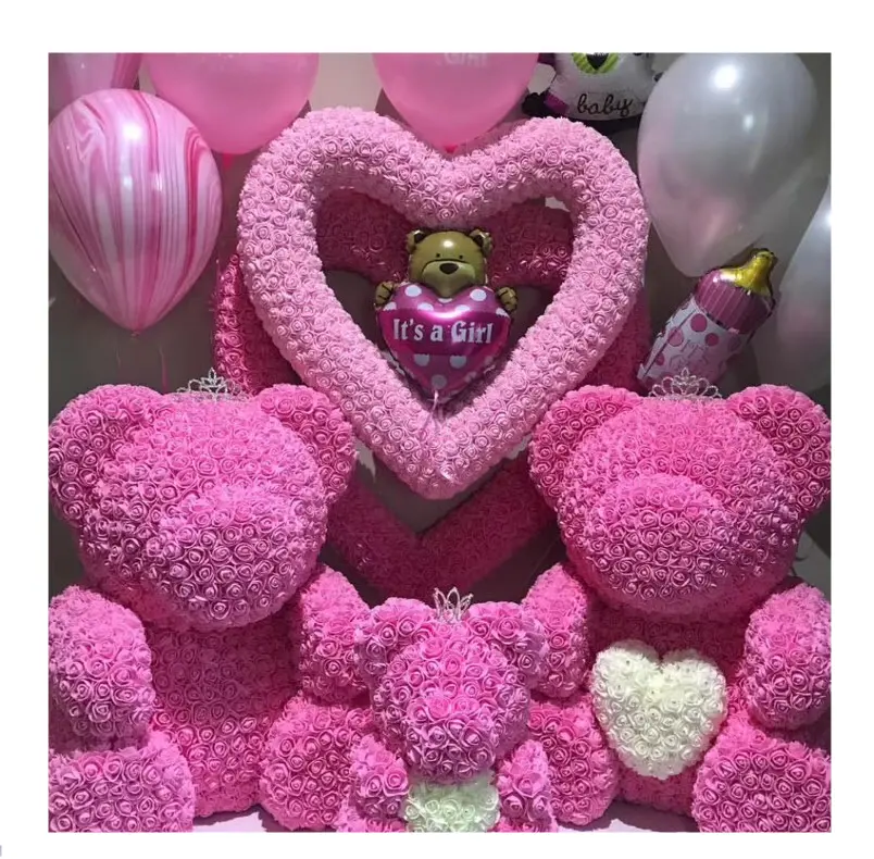 QSLH - Hot Sale Valentine's Day Diamonds Bear Flower Rose Teddy Bear With Gift Box